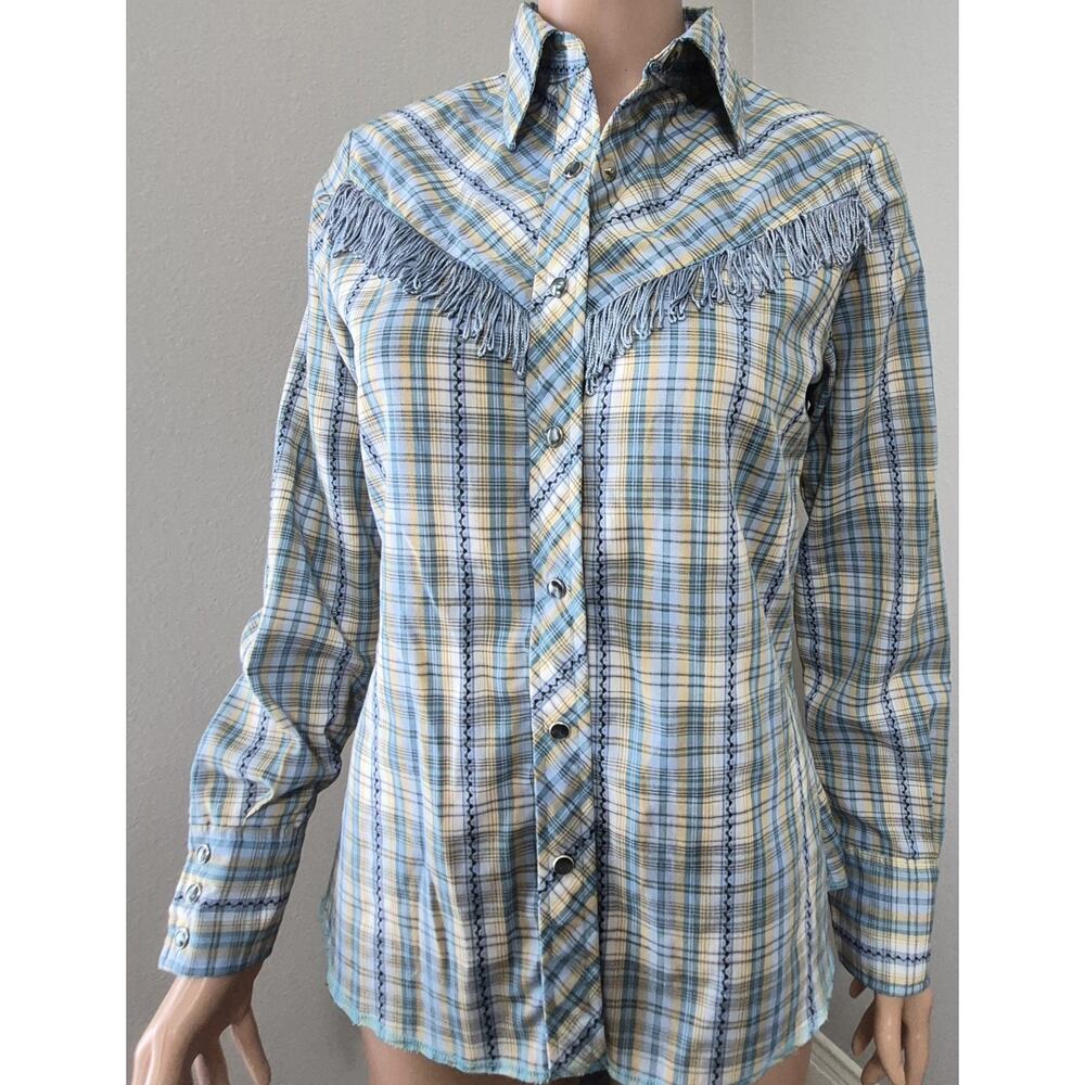 Vintage Wrangler Womens Fringe Western Pearl Snap Shirt Plaid Made USA
